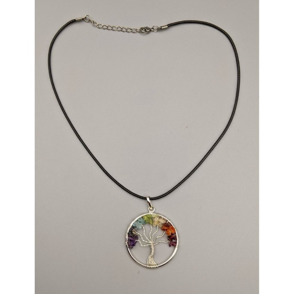 Chakra Tree of Life Pendant with Black Leather Cord Chain 18.75"